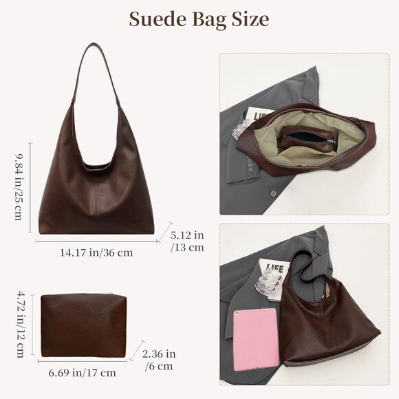 Leather Hobo Bags for Women Slouchy Tote Bag Retro PU Leather Purse Soft Shoulde - Picture 3 of 7